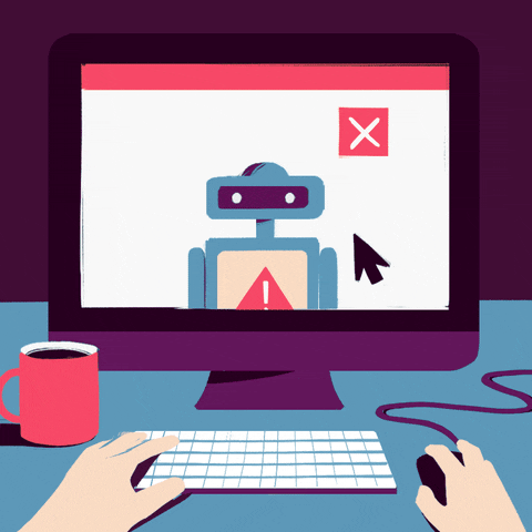 Digital art gif. Hand clicking a mouse in front of a computer monitor closes multiple spam pop-up windows that feature robots and a hooded hacker. Text, “Beware of bots and troll accounts. Always check the source.”