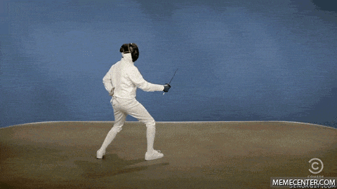 Sports gif. Fencer knocks their opponent's sword to the ground, then chases after them with sword drawn.