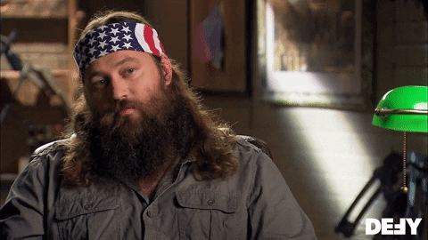 TV gif. Willie Robertson on Duck Dynasty sits for an interview and shakes his head as he says, "Bon Voyage."