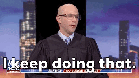 SNL gif. Mikey Day, playing Judge Bruce Schroeder, shakes his head in disbelief and says, “I keep doing that.”