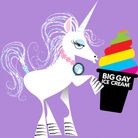 Cartoon gif. A unicorn with a victorian pendant brooch holds a giant rainbow ice cream cone with one of its hooves, licking it while staring at us sassily. Text on the cone, "Big gay ice cream."
