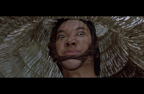 Movie gif. Peter Kwong as Rain in Big Trouble in Little China wearing a gigantic straw hat that fills the screen looks down at us with a furious expression, literally shaking with anger. 