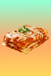 Photo gif. Slice of lasagna floating on a peach and teal gradient background.