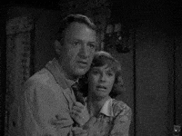TV gif. Three black and white clips from the Twilight Zone of the cast looking scared. Women scream and raise their arms to cover their faces, the fear on everyone's faces is palpable.