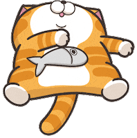 Sticker gif. Striped orange tabby cartoon cat lies lazily on its back against a transparent background with its eyes crossed, wagging its tail with a gray fish resting on its belly.