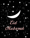 Text gif. Stars twinkle around a crescent moon on a black background. Text, "Eid Mubarak."