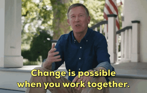 Political gif. John Hickenlooper sits on the steps of a front porch as he speaks with passion towards us. Text, "Change is possible when you work together." 