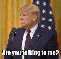 Political gif. Donald Trump stands behind a microphone and turns toward us as he says, "Are you talking to me?"