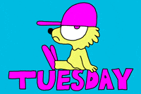 Cartoon gif. Against a neon blue backdrop, a yellow fox with a magenta eye, cap, and feet glares at us from the side and sits boredly on blocky magenta letters that read, "Tuesday."