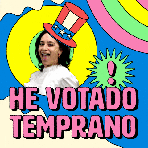Digital art gif. Smug young woman shimmies and winks with a taunting smile, an Uncle Sam hat on her head, on a zany colorful background that moves in all different directions like a carnival, sparkles all around. Text, "He votado temprano."