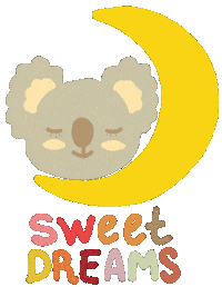 Sticker gif. Sleeping koala has its head in the curve of a crescent moon, which hangs to the right of it. White stars appear in the yellow crescent and text underneath reads, 'Sweet dreams.'