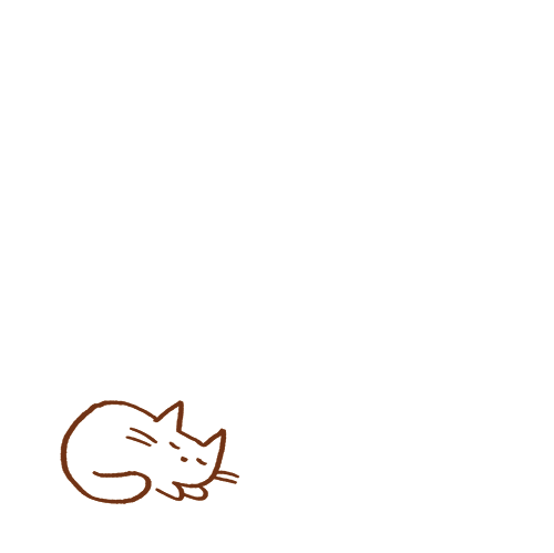 Illustrated gif. Brown line drawing of a small sleeping cat in the corner of a white background.