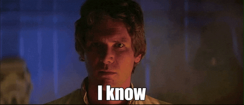 Star Wars gif. Harrison Ford as Han Solo stands in a dark room. Steam rises from behind him as he gazes intently towards us. Text, "I know." 