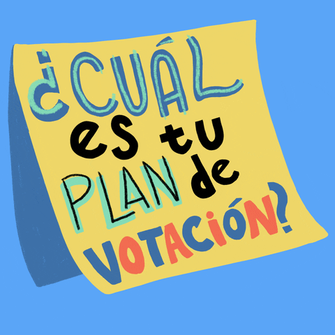 Digital art gif. Classic Post-It note on a marine blue background, bearing a message in colorful stylized handwriting. Text, in Spanish, "Cual es tu plan de votacion?"