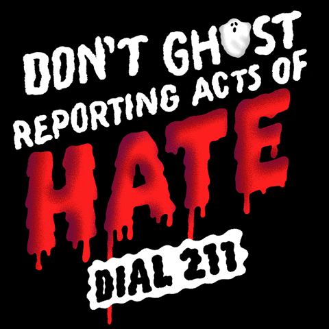 Digital art gif. Ghostly white text on a black background surrounding the word "Hate," bloody and dripping. Text, "Don't ghost reporting acts of hate, dial 211."