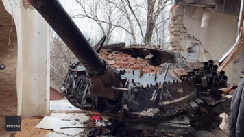 Tank Turret Rests in Ruins of Chernihiv House