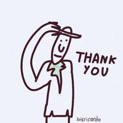 Illustrated gif. Man smiles slightly and removes his hat to bow in gratitude. Text, "Thank you."