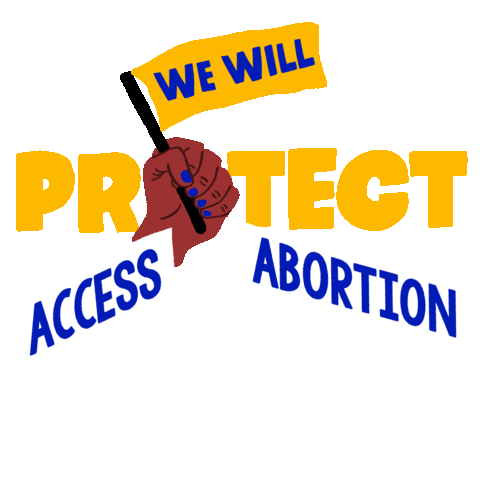 Text gif. Brown hand with blue fingernails in front of transparent background waves a yellow flag up and down that reads, “We will,” followed by the text, “Protect access to abortion. Alaska.”