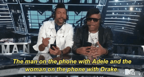 the man on the phone with adele and the woman on the phone with drake GIF by 2017 MTV Video Music Awards
