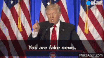 Political gif. Donald Trump stands behind a podium and points out to the audience in front of him. He says, “You are fake news.”