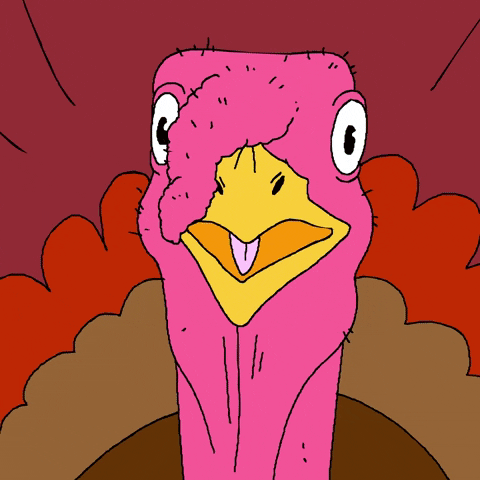 Digital art gif. From very close-up, we see a turkey’s face. We zoom out and see that the turkey is holding a carving knife and fork. We zoom out again to see that the turkey’s spouse is serving a cooked human in a fetal position as a family of turkeys looks on in excitement.
