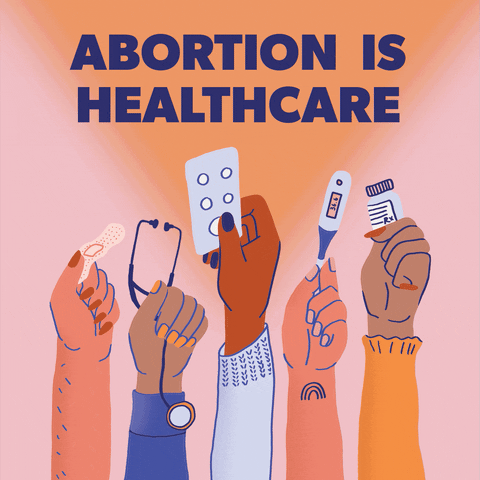Digital art gif. Diverse collection of hands waving in front of a watercolor-orange background a bandage, a stethoscope, a plan B pill, a thermometer, and a prescription bottle, below the message, "Abortion is healthcare."