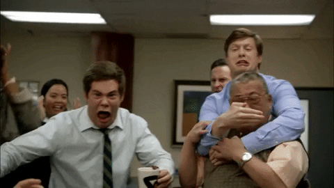 TV gif. The cast of Workaholics are all standing around something yelling in fear. People are grabbing onto each other, clutching their faces, holding others back, covering their eyes and it's utter chaos.