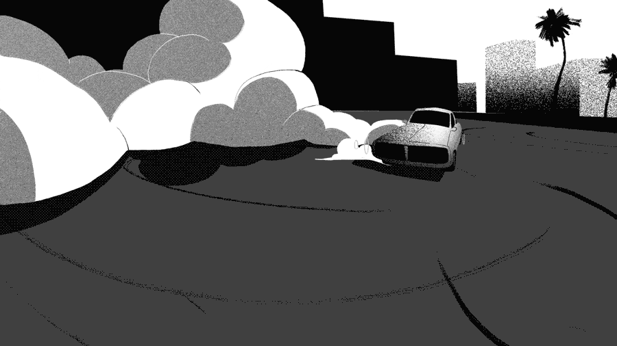 Cartoon gif. A black and white animation of a car doing donuts on