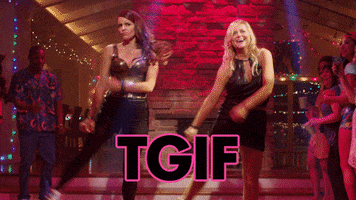 Movie gif. Tina Fey and Amy Poehler as Kate and Maura from Sisters do a synchronized dance at a house party. Text, "TGIF."
