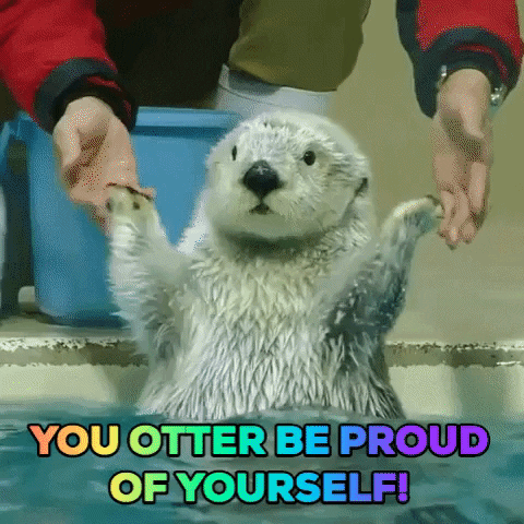 Video gif. A sea otter floats around a pool as its handler kneels nearby, holding onto the otter’s little paws to help it float. The otter gradually lets go and then claps its little hands excitedly, rubbing its face a few times between claps. Text, “You otter be proud of yourself!”