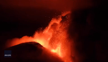 Lava Shoots into Night Sky as Mount Etna Erupts