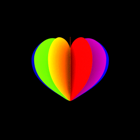 Digital art gif. Heart shape carousels through a rainbow of colors that flip like a stack of papers.