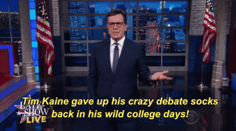stephen colbert tim kaine gave up his crazy debate socks back in his wild college days GIF by The Late Show With Stephen Colbert