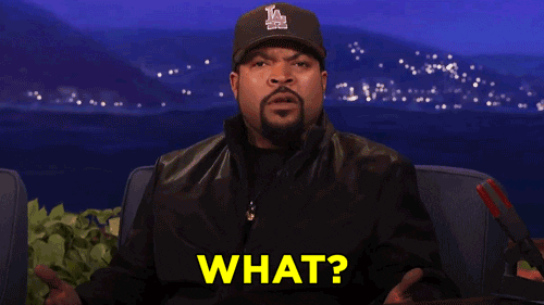 TV gif. Ice Cube on Late Night with Conan O'Brien looks directly at us and says “What?” while tilting his head and with his hands out.