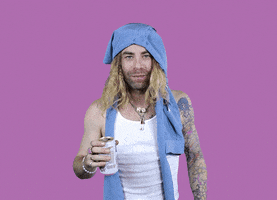 Celebrity gif. Mod Sun holds a canned drink, gives us a double thumbs up, and says “Good job!” while wearing a shirt tied around his head.