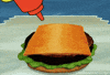 SpongeBob SquarePants gif. SpongeBob squirts a heart shaped blob of ketchup onto a Krabby Patty.