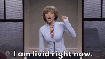SNL gif. Heidi Gardner in a skit, standing behind a microphone, raising her arm with her index finger and thumb pressed together, saying "I am livid right now."