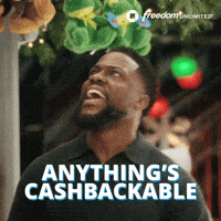 Sponsored gif. Comedian Kevin Hart sits in a blue golf cart decorated with christmas lights and garland. He holds up a Chase Freedom Unlimited card and asks "Do you take cards?" Those words are in white at the bottom of the screen, and the Chase Freedom Unlimited logo is in the upper right corner. 