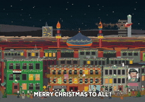 South Park gif. Santa's sleigh flies through the dark sky above a Russian city. Text, "Merry Christmas to all! And to all a good night! Ho, ho, ho, ho, ho!"