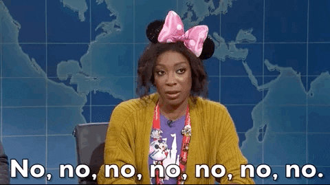 SNL gif. Ego Nwodim as Pauline on Weekend Update wears a Minnie Mouse headband and shakes her head wearily as she says, "No, no, no, no, no, no, no."