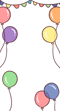 Sticker gif. Colorful balloons frame a transparent background, blinking and changing colors beneath a multi-colored birthday party banner.