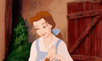 Disney gif. From Beauty and the Beast, Belle raises her eyebrows and shrugs dismissively, walking on with a basket hooked onto her elbow.