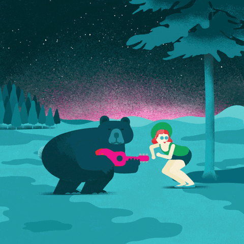 Digital art gif. An animated bear plays a pink ukulele and dances with a woman with a green hat. The pink horizon glowing underneath a starry night sky.