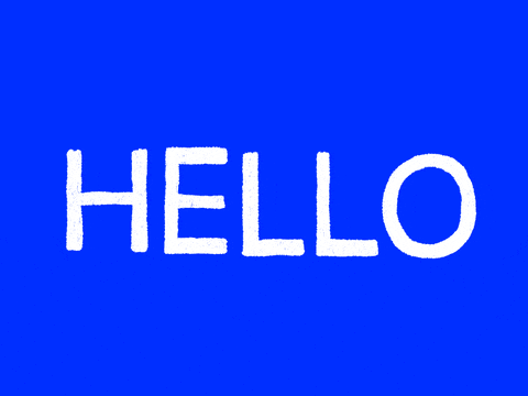 Blue and white gif that says hello.