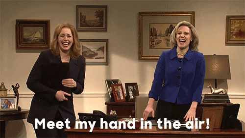 SNL gif. Kate McKinnon as Hillary Clinton holds up a palm to Vanessa Baer as her assistant, saying, "Meet my hand in the air!" They high five each other and laugh together.