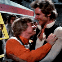 Movie gif. Mark Hamill as Luke Skywalker and Harrison Ford
 as Han Solo in Star Wars: Return of the Jedi. Luke grabs Han by the chest and ecstatically grins at him and Han pushes his face away, equally glad to be reunited.