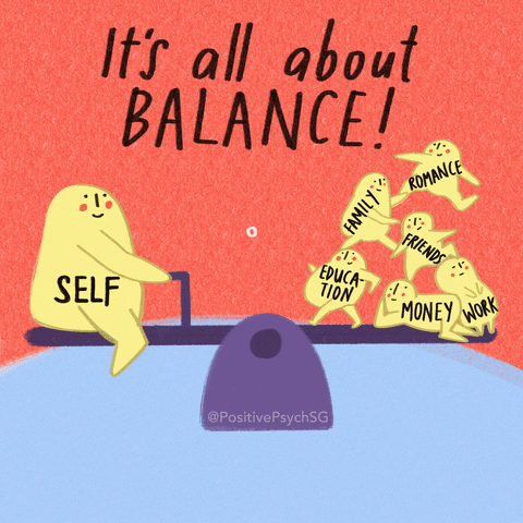 An animated seesaw with a character balancing on one side and mini characters representing responsibilities on the other, with the words "It's all about BALANCE" above.