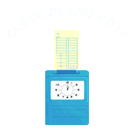 Digital art gif. Time card punches into a time clock, then spins and turns into a polling booth against a transparent background. Text, “Clock in and vote.”