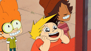 Cartoon gif. Three characters from La Vie en Slip look up into a window with big grins and puppy-dog eyes.