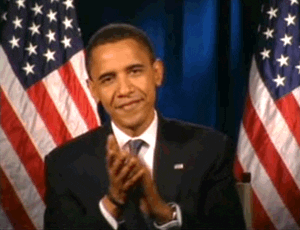 Political gif. Barack Obama looks at us with a proud smile and claps. 